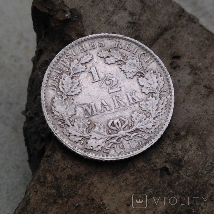 Германия, 1/2 марки 1915 Е, серебро, фото №2