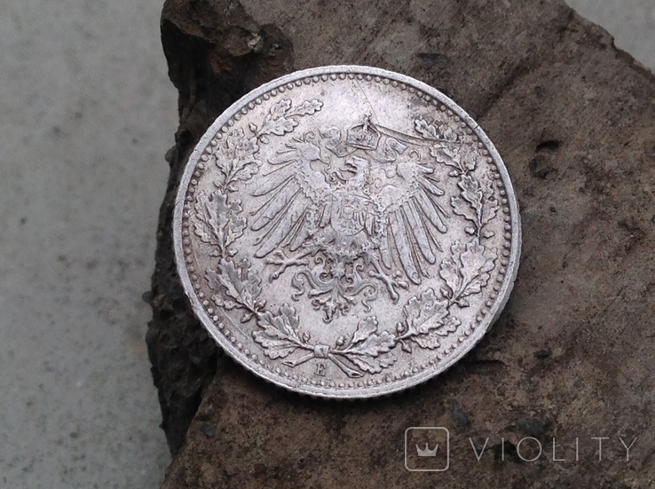 Германия, 1/2 марки 1915 Е, серебро, фото №4