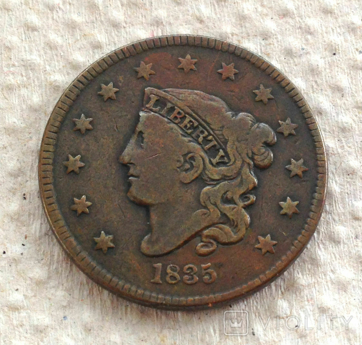 1 цент ( Large cent), 1835 г, (Matron Head, 1816-36) , США, фото №2