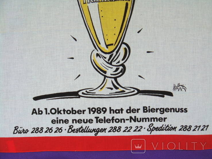 Салфетка реклама Пивной бокал Hurlimann, октябрь 1989, Октоберфест, хлопок., фото №3