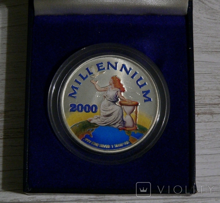 Либерия 20 долларов 2000 - МИЛЛЕНИУМ - серебро 999, цветная эмаль, унция, фото №5