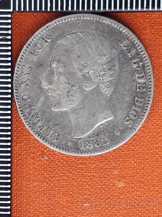 2 песеты, Испания, 1882 год, Альфонсо XII, серебро, 0.835, 10 грамм
