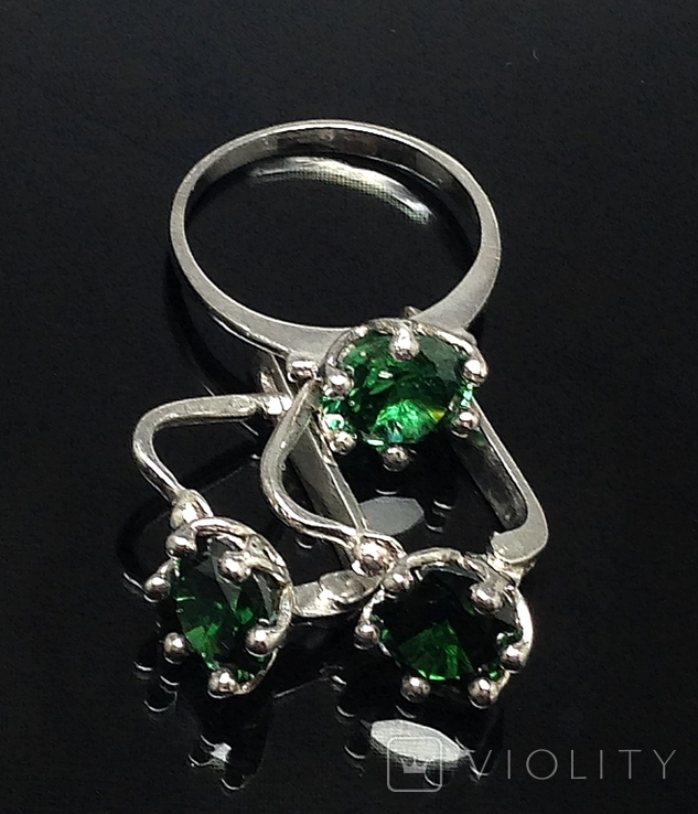 Кольцо, серьги, зеленые камни, фото №4