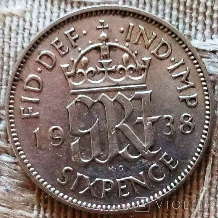 6 пенсів 1938 року Велика Британія/ рідкісний рік/срібло, фото №2