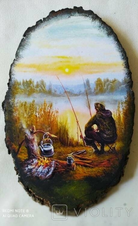 Фотокартина на срезе дерева "Рыбалка на закате"