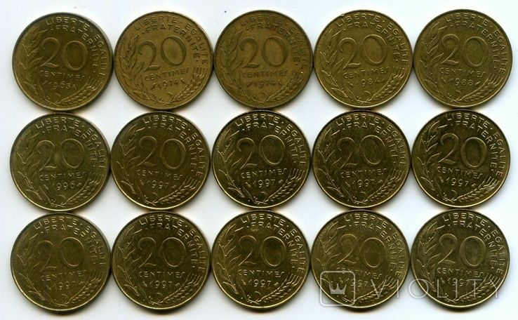 20 сантимов 1963-1997 - 15 шт.