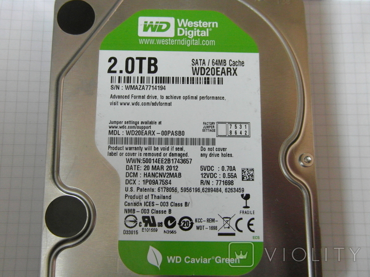 ЖЕСТКИЙ ДИСК WESTERN DIGITAL CAVIAR GREEN 2TB 64МB 3.5 SATA III WD20EZRX, фото №10