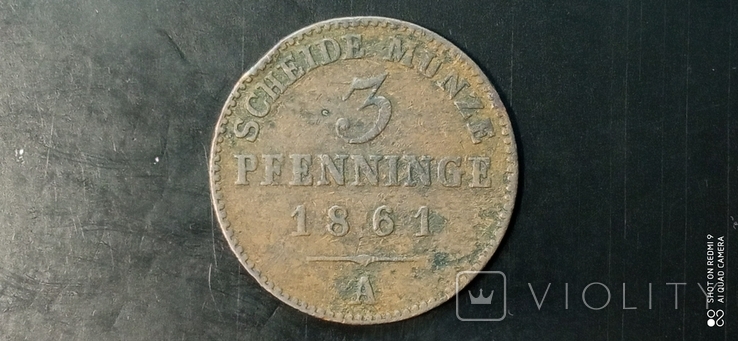 3 пфеннига 1861г. А. Пруссия. Германия., фото №2