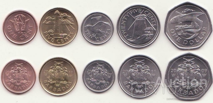 Barbados Барбадос - 5 шт х набор 5 монет 1 5 10 25 Cents 1 Dollar 2009 - 2011, фото №3