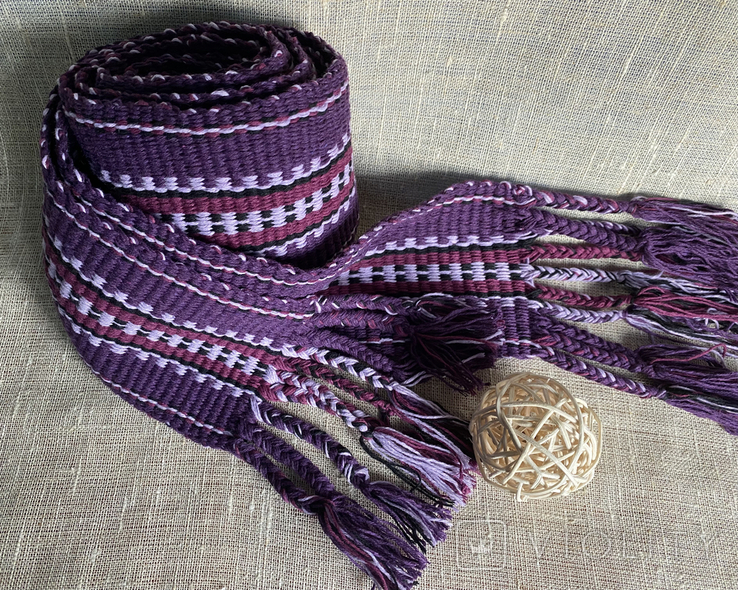 Фіолетовий пояс,широка крайка, бузковий пасок, самотканий пояс до вишиванки, фото №9