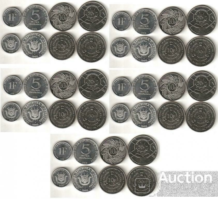 Бурунді Бурунді - 5 шт х набір 4 монети 1 5 10 50 франків 1980 - 2011, фото №2