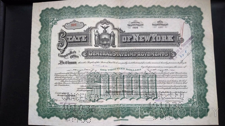 Заем Генеральные улучшения штата 1000 штат Нью-Йорк США 1926 1942, фото №2