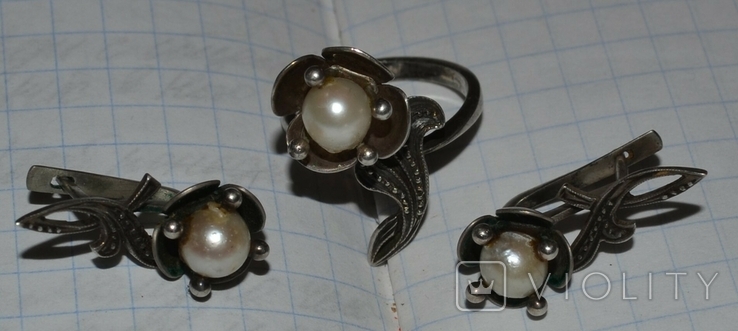 Серьги и кольцо - жемчужины, без клейма, серебро., фото №2