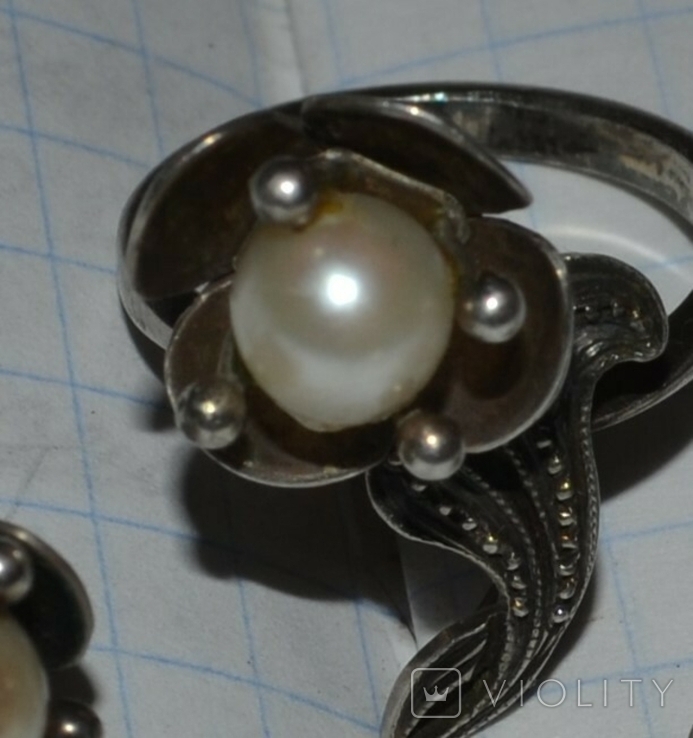 Серьги и кольцо - жемчужины, без клейма, серебро., фото №3