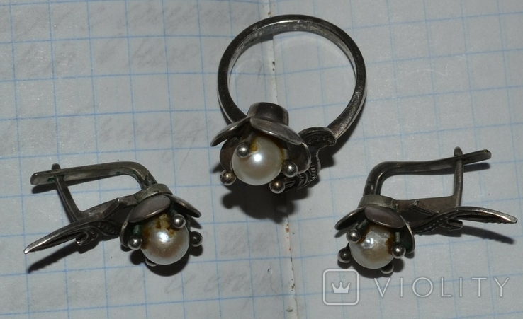 Серьги и кольцо - жемчужины, без клейма, серебро., фото №5