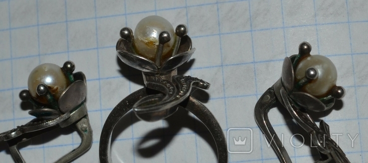 Серьги и кольцо - жемчужины, без клейма, серебро., фото №7