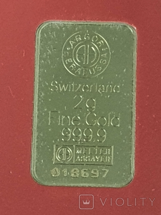 Банковский слиток золота ARGOR-HERAEUS Швейцария 2,0 грамма 999,9 пробы., фото №3