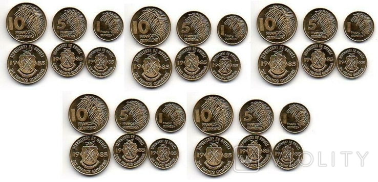 Гвінея Гвінея - 5 шт х набір з 3 монет 1 5 10 франків 1985, фото №2