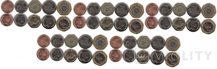 Jordan Иордания - 5 шт х набор 5 монет 1 + 5 + 10 Piastres + 1/4 + 1/2 Dinars 2009 - 2012, фото №2