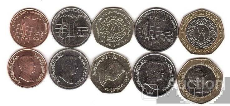 Jordan Иордания - 5 шт х набор 5 монет 1 + 5 + 10 Piastres + 1/4 + 1/2 Dinars 2009 - 2012, фото №3