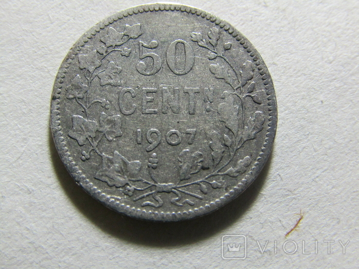 Бельгія 50 сантім 1907 DER бельг. тип, срібро, фото №2