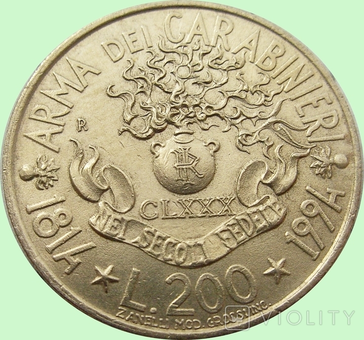 160.Италия 200 лир, 1994 180 лет карабинерам