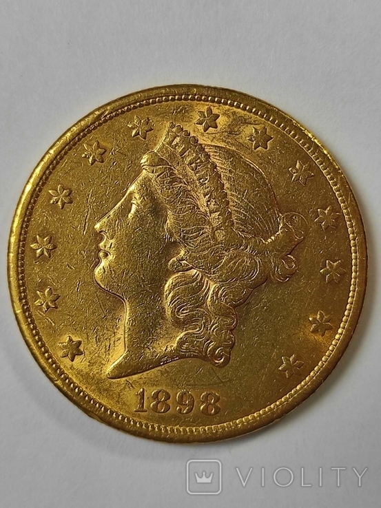 20 Долл. США, 1898 г., золото 900 пробы, вес 33.5 гр,, фото №2