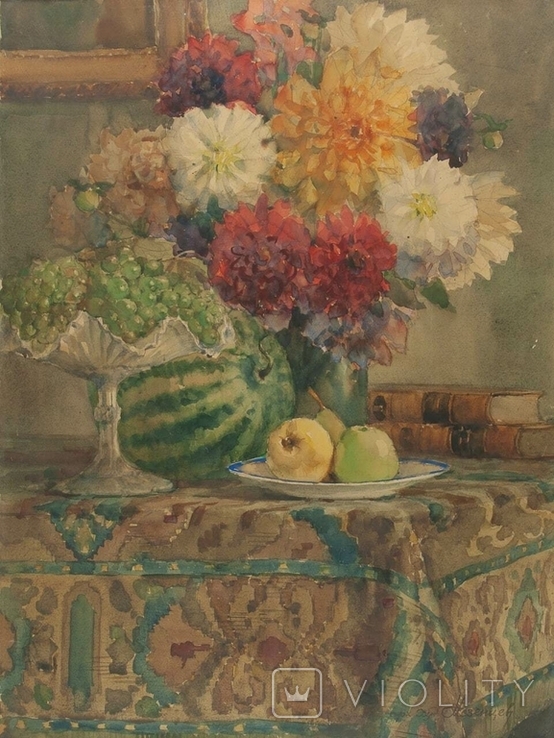 Мезенцев И.В., 1940е, Георгины и виноград, акварель