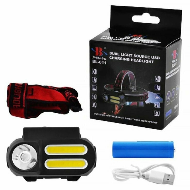 Налобный влагостойкий фонарь BL-611 XPE+COB Питание: USB; Аккумулятор: 18650