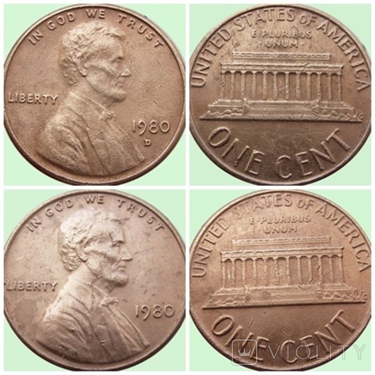 146.U.S. two coins 1 cent, 1980 Lincoln Cent Mondvor mark: "D" - Denver, photo number 2