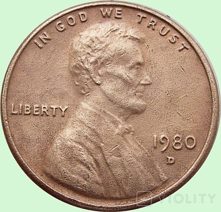 146.U.S. two coins 1 cent, 1980 Lincoln Cent Mondvor mark: "D" - Denver, photo number 5