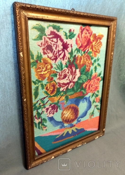Tapestry Antique Painting Under Glass Frame Wood, photo number 5