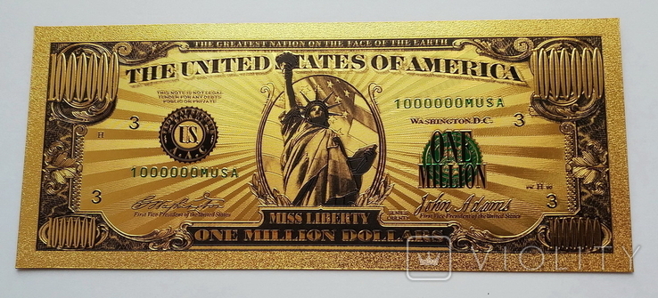 Золотая банкнота 1 миллион долларов США. Сувенирная