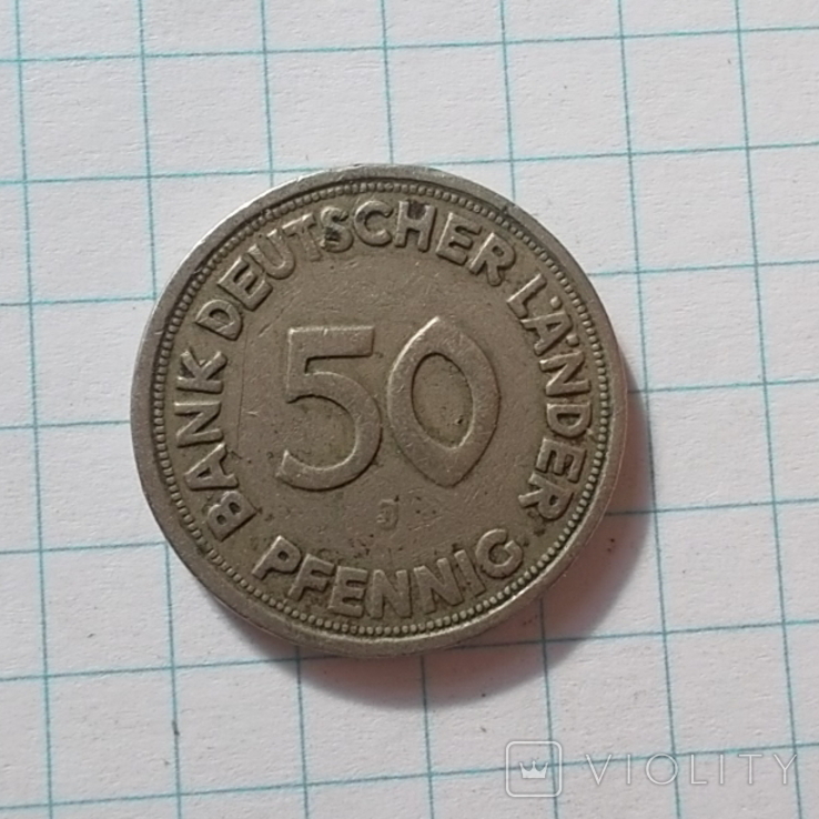  Германия. ФРГ 50 пфеннигов, 1949 "J", фото №4