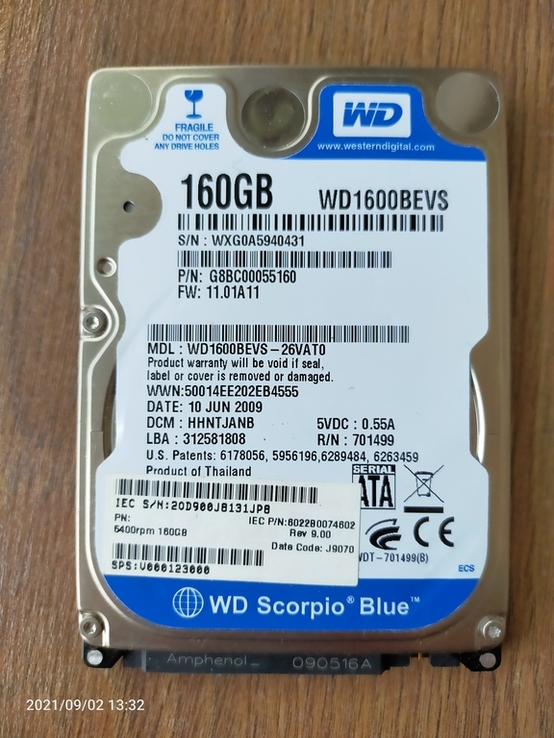 Жёсткий диск 160GB. WD1600BEVS