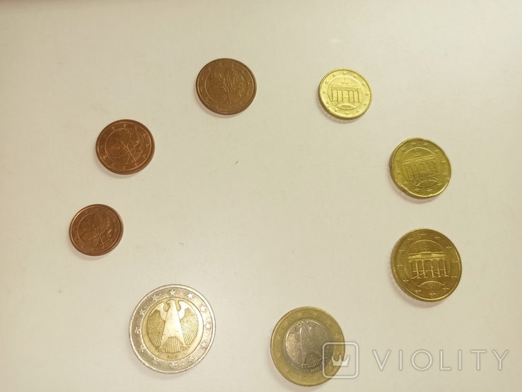 Набор монет евро 1 цент-2 евро 8 монет Германия монетный двор А старая карта, фото №2