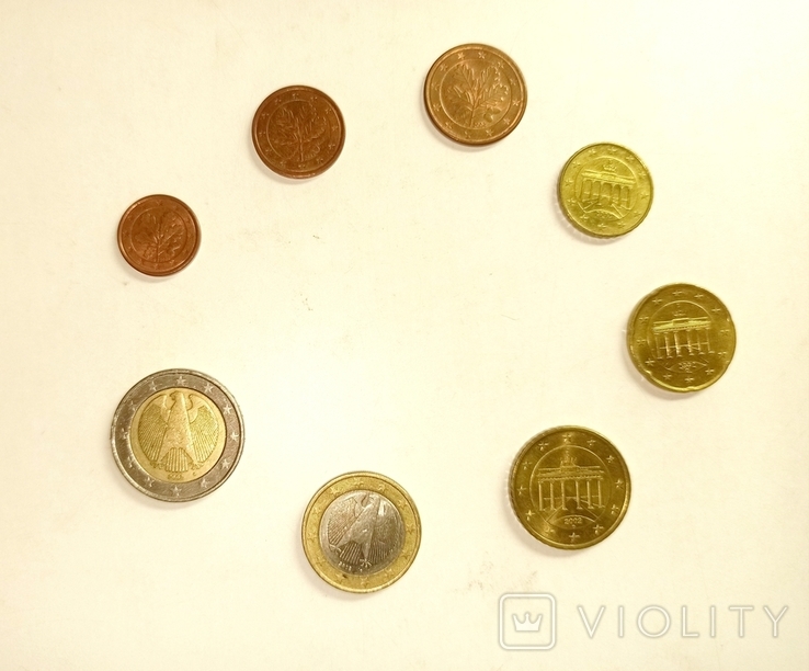 Набор монет евро 1 цент-2 евро 8 монет Германия монетный двор D старая карта, фото №2