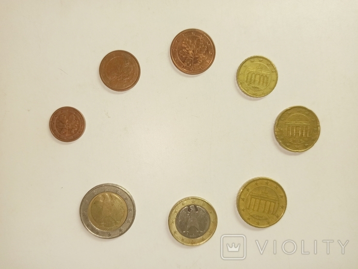 Набор монет евро 1 цент-2 евро 8 монет Германия монетный двор G старая карта, фото №2