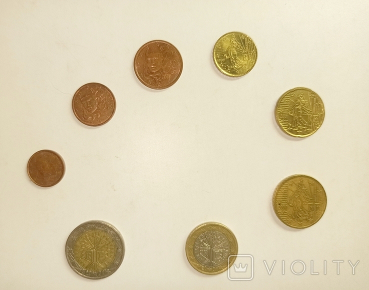 Набор монет евро 1 цент-2 евро 8 монет Франция старая карта, фото №2