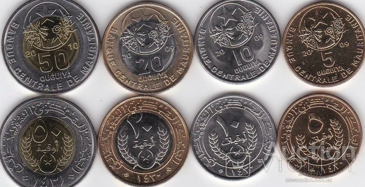 Mauritania Mauritania - 5 pcs x 4 coins 5 10 20 50 Ouguiya (20+50 bimetall) 2009 - 2010 a, photo number 3