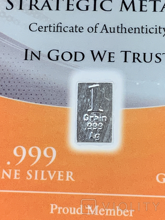 Слиток серебра 999 пробы США USA 1 гран с сертификатом подлинности, фото №5