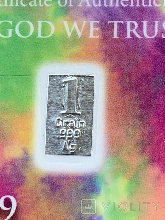 Слиток серебра мультиколор 999 пробы США USA 1 гран с сертификатом подлинности, фото №4