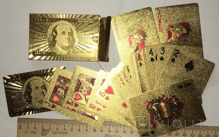 Позолоченные игральные карты (24K) 100 долларов / сувенірні гральні карти, 54 шт + бонус