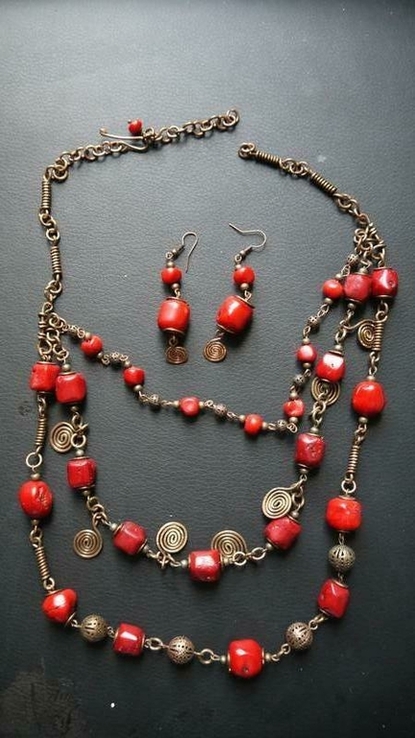Набор ожерелье и серёжки бронзовые с кораллами Ручная Работа, фото №5