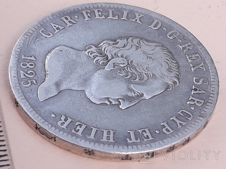 5 лир, Сардиния, 1825 г., L, Карл Феликс, серебро 0.900, 24,57 гр., фото №3