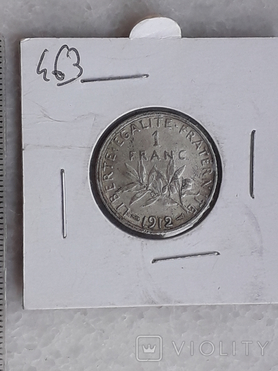 1 франк, Франция, 1912 год, серебро, 835-я проба, 5 грамм