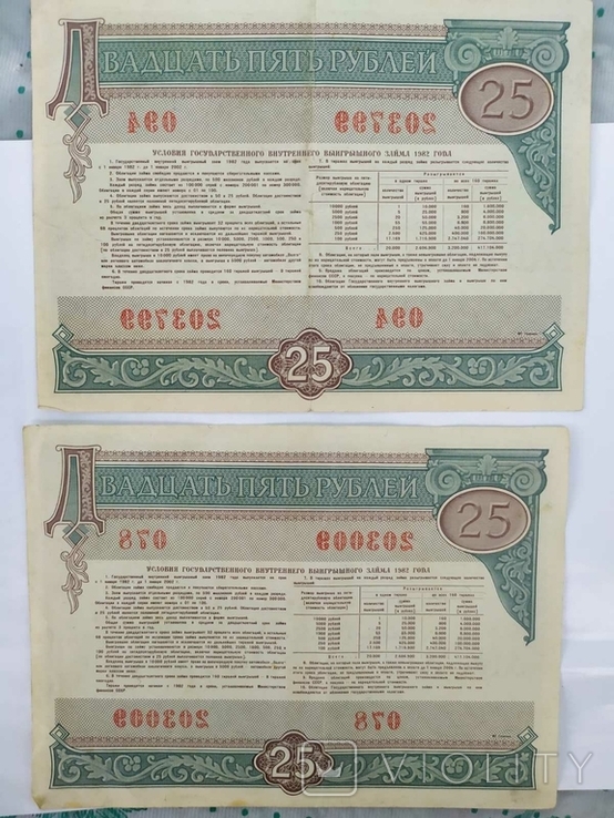 Облигация на сумму 25 рублей, 1982 год / 2 штуки/, фото №3