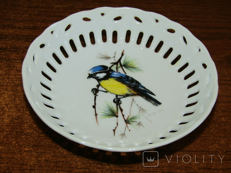Декоративная тарелка ажурный фарфор птица Синяя Синица клеймо Германия, фото №4
