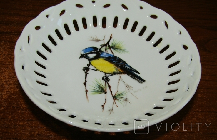 Декоративная тарелка ажурный фарфор птица Синяя Синица клеймо Германия, фото №5