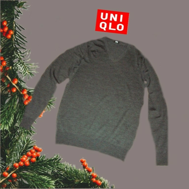 Uniqlo 100 % шерсть Тонкий шерстяной пуловер мужской графит мыс М, фото №3